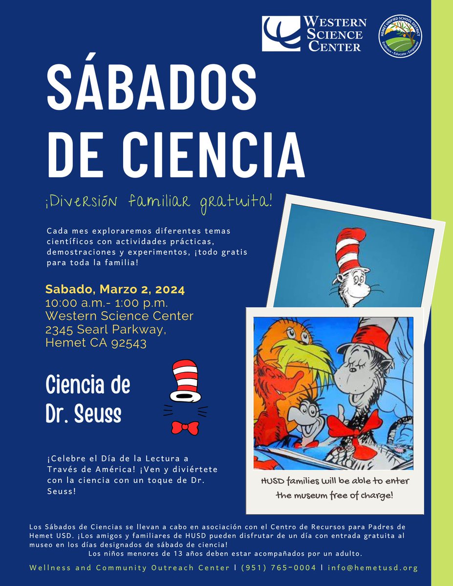Hemet USD Wellness and Community Outreach Center (@husdparents) on Twitter photo SCIENCE SATURDAY 3/3/24, 10AM-1PM, <a href="/WesternCenter/">Western Science Center</a>, RAIN OR SHINE! Join us for Story Time and Activities. SCIENCE SATURDAY 3/3/24, 10AM-1PM, <a href="/WesternCenter/">Western Science Center</a>, RAIN OR SHINE! Join us for Story Time and Activities.