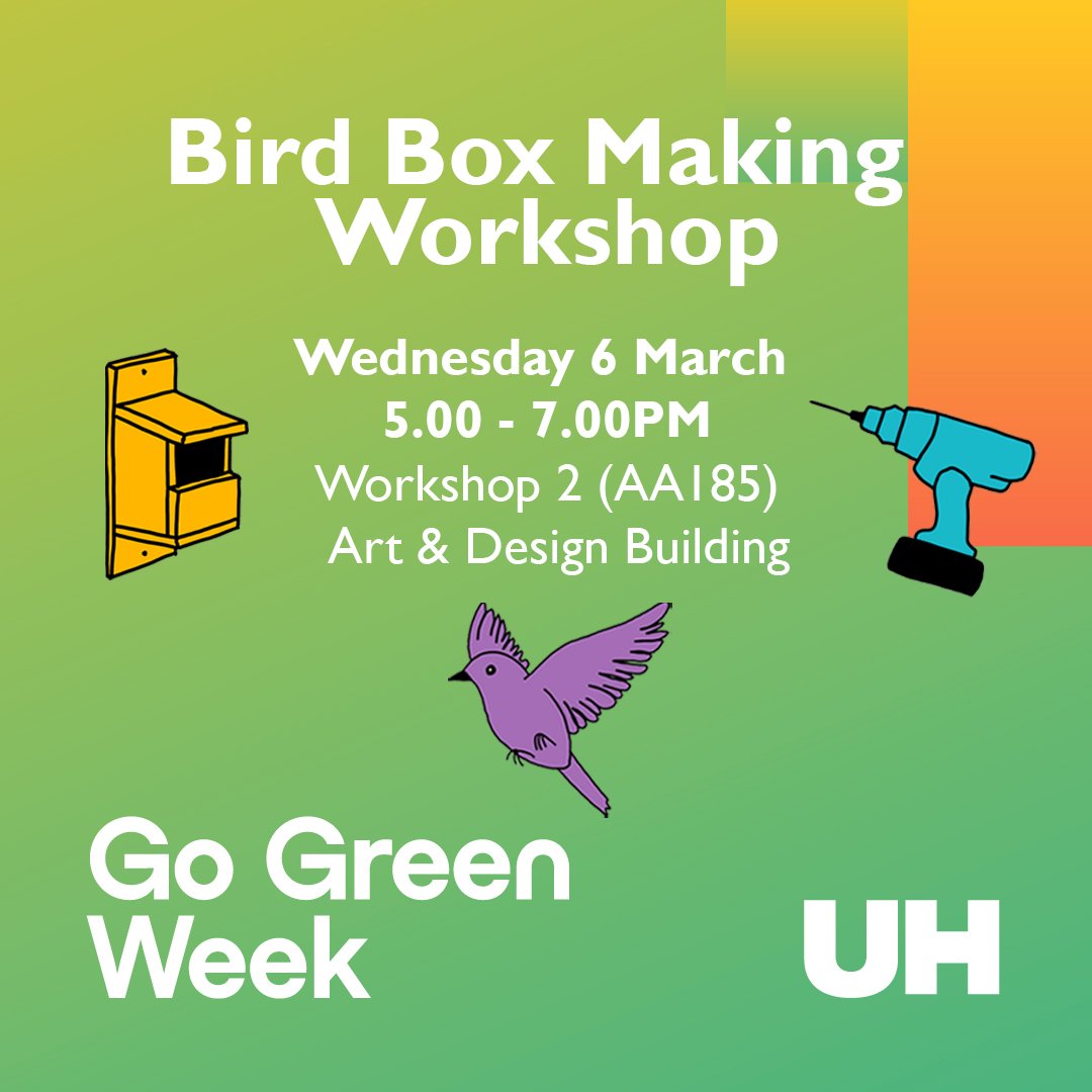 Join your @uhcreatives Green Team for #WildlifeWednesday and make your own bird box! 🐦 Open to all @UniofHerts students. Limited spaces. Sign up here: forms.office.com/e/j8PtBZLWLF
#GoGreenGoHerts! 💚
#GoGreenWeek2024