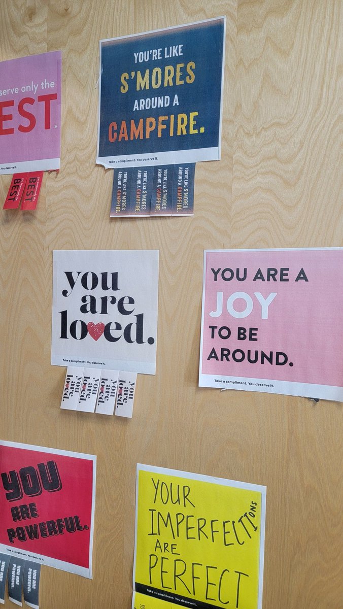 VictoriaLaan's tweet photo. I post these to my door. The fine print says, "Take a compliment. You deserve it." I've never seen a student take one, but the tear tags quietly disappear over the year, and I never find them discarded around the school. #bringjoy #fosterhope #glc @MrTMackenzie @Surrey_Schools https://t.co/POloYjSM0r