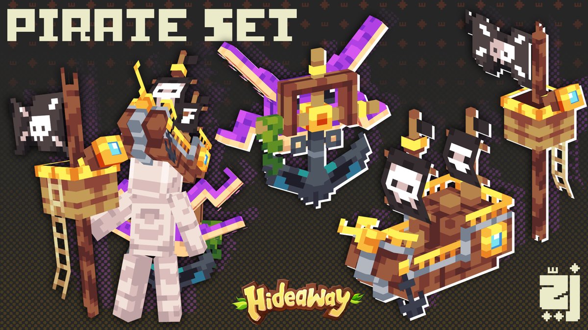 Pirate Cosmetics Set! 
@playhideaway🍍 (August 2023) 
#minecraft #lowpoly #pixelart #blockbench