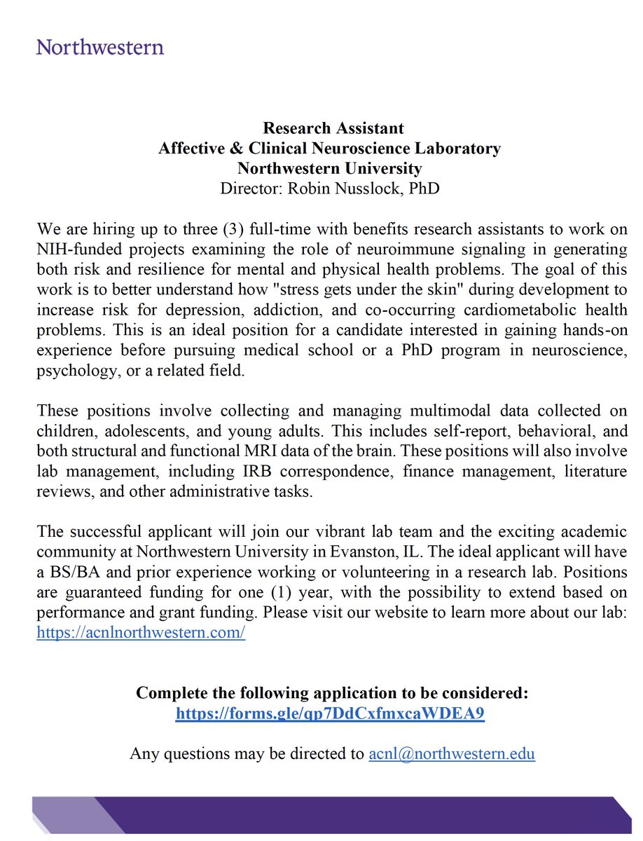 My lab at Northwestern is hiring! We have openings for an MRI data analyst and lab managers for studies examining the emotional brain and health. Click here for more info: acnlnorthwestern.com/join-the-lab. The links to the applications are on the next thread. Please share!