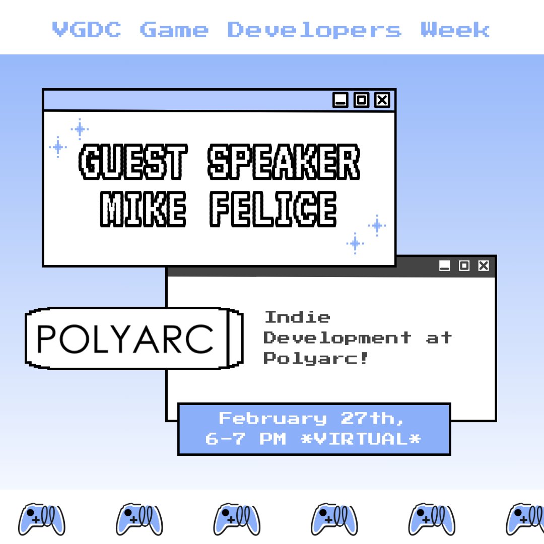 vgdcuci's tweet photo. Today for Game Developer's Week we are having Mike Felice, Indie Developer at Polyarc and Vincent Diamante, Audio Director for Skullgirls as our guest speakers! Stop by DBH 5011 from 6-7pm for Mike, and 7:30 to 8:30pm for Vincent! #vgdc #vgdcuci #vgdcatuci https://t.co/uLinTSa3ou