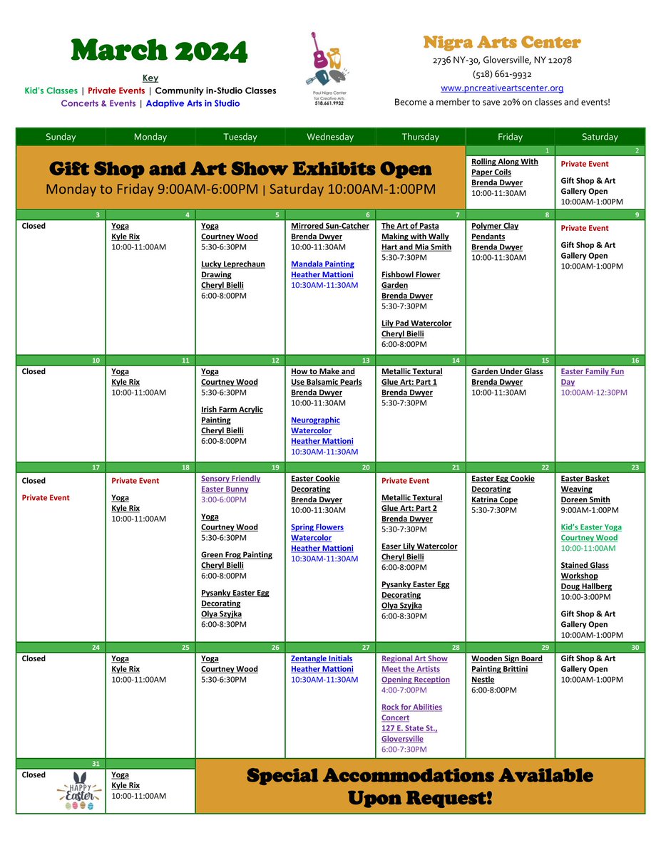 It’s almost time for a new month at the #NigraArtsCenter! March will be busy, with Easter Family Fun Day, Sensory Friendly Easter Bunny, the opening of our 2024 Regional Art Show, the Rock for Abilities concert &amp; more. See bit.ly/PNCCAEvents or call 518-661-9932 to sign up!