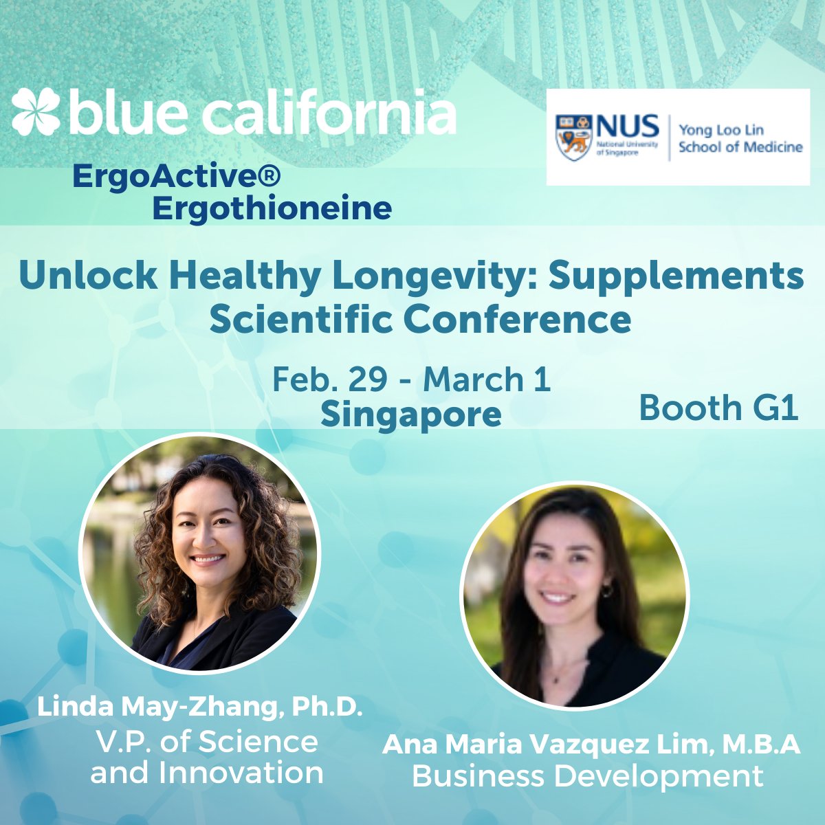 Join us at the @HealthyLongeviT for the 2024 Unlock #healthylongevity: Supplements Scientific Conference hosted by the @NUSingapore @NUSMedicine. Meet our science team. Booth G1. Learn more about the clinically-backed ErgoActive #ergothioneine ⇢ bluecal-ingredients.com/ergothioneine
