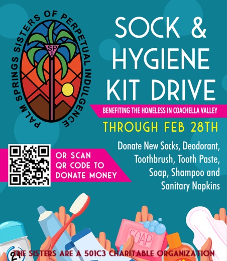pssisters's tweet photo. Sisters are doing it again -

Help our community by donating socks and hygiene products (or just plain old mony via the QR code) to help those in need.  All donations will go to the street team that helps the homeless here in the Coachella Valley.
#GivingBack #sistersaredoingit https://t.co/LzqeIfpjRb