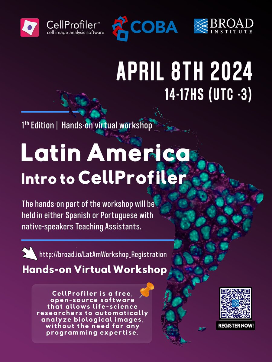 🚨Latin American CellProfiler Workshop🚨 The @CiminiLab from @broadinstitute and @COBA_NIH will host a free, hands-on, virtual Intro to CellProfiler Workshop for Latin America... in SPANISH and PORTUGUESE!!!🎉🎊 broad.io/LatAmWorkshop_… (deadline: March 22, 2024)