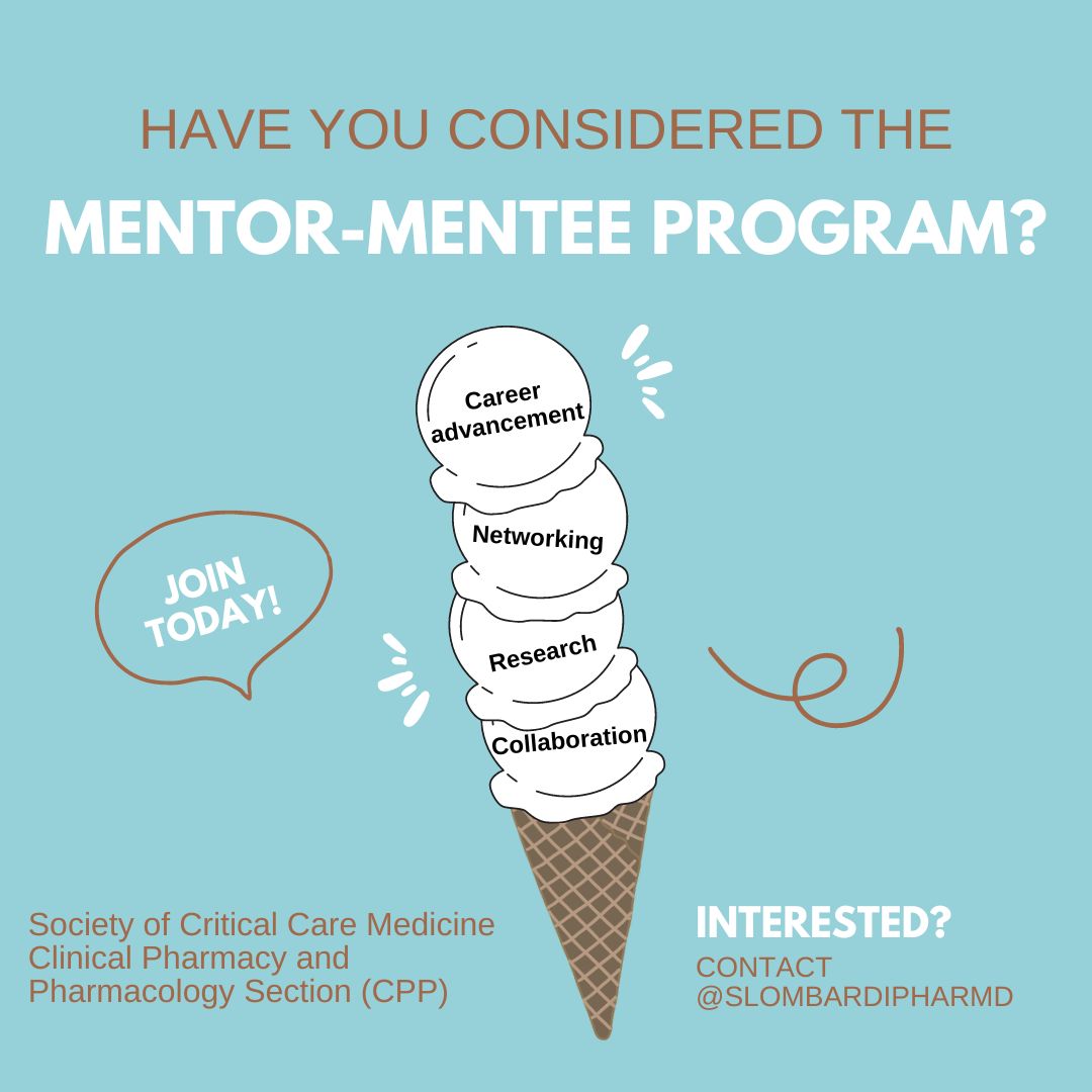 Interested in advancing your practice in critical care but don’t know where to start? The mentor-mentee program might be for you! @SCCM_CPP has been connecting pharmacists based on their needs since 2015. Reach out to @slombardipharmd to learn more! #PharmICU