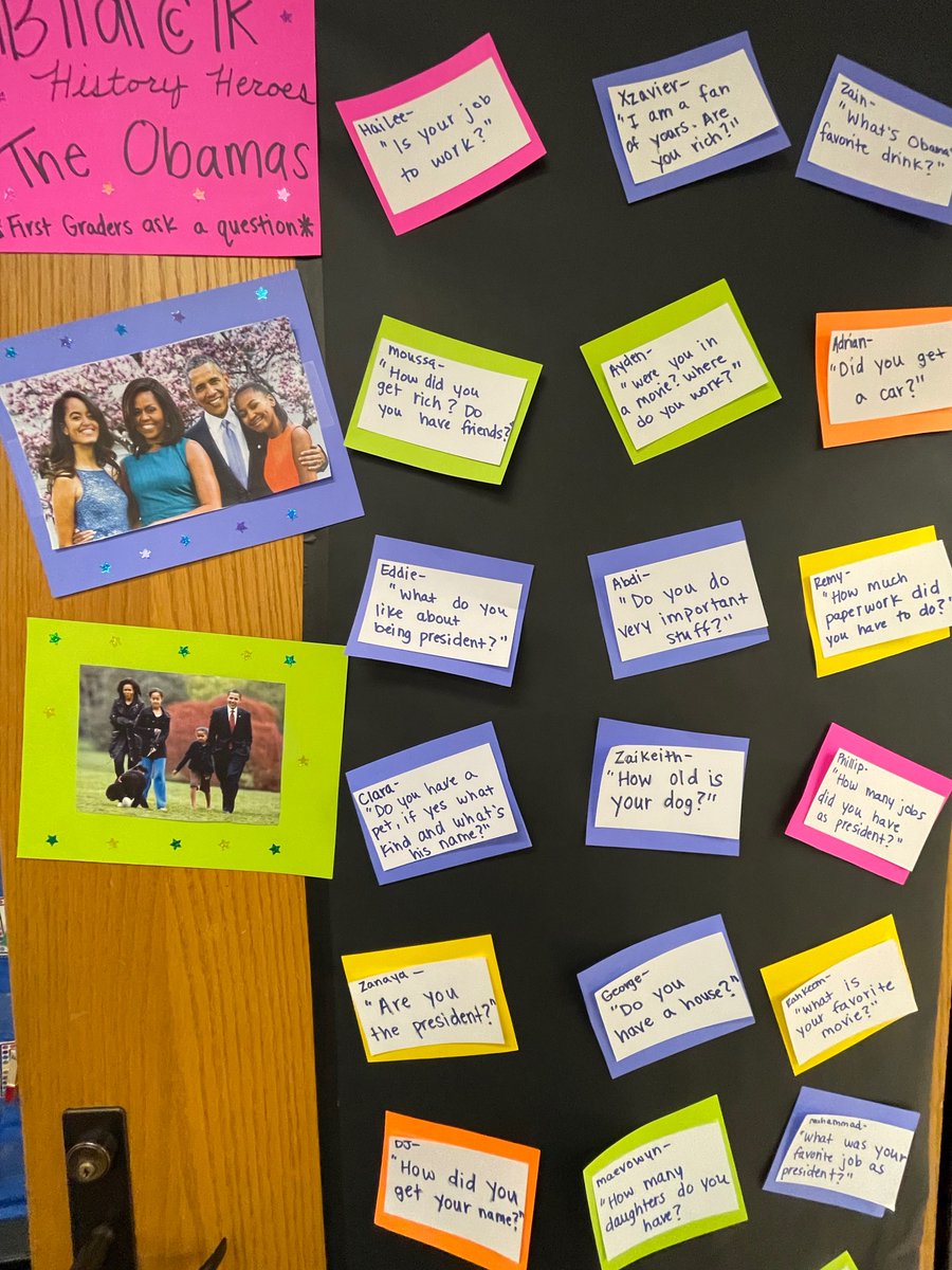 HamlineElem's tweet photo. Our Hamline Elementary 1st graders have some questions for @MichelleObama &amp; @BarackObama, as seen on the door to their classroom. A personal favorite: "How much paperwork did you have to do?" https://t.co/E4zmrG7hTp