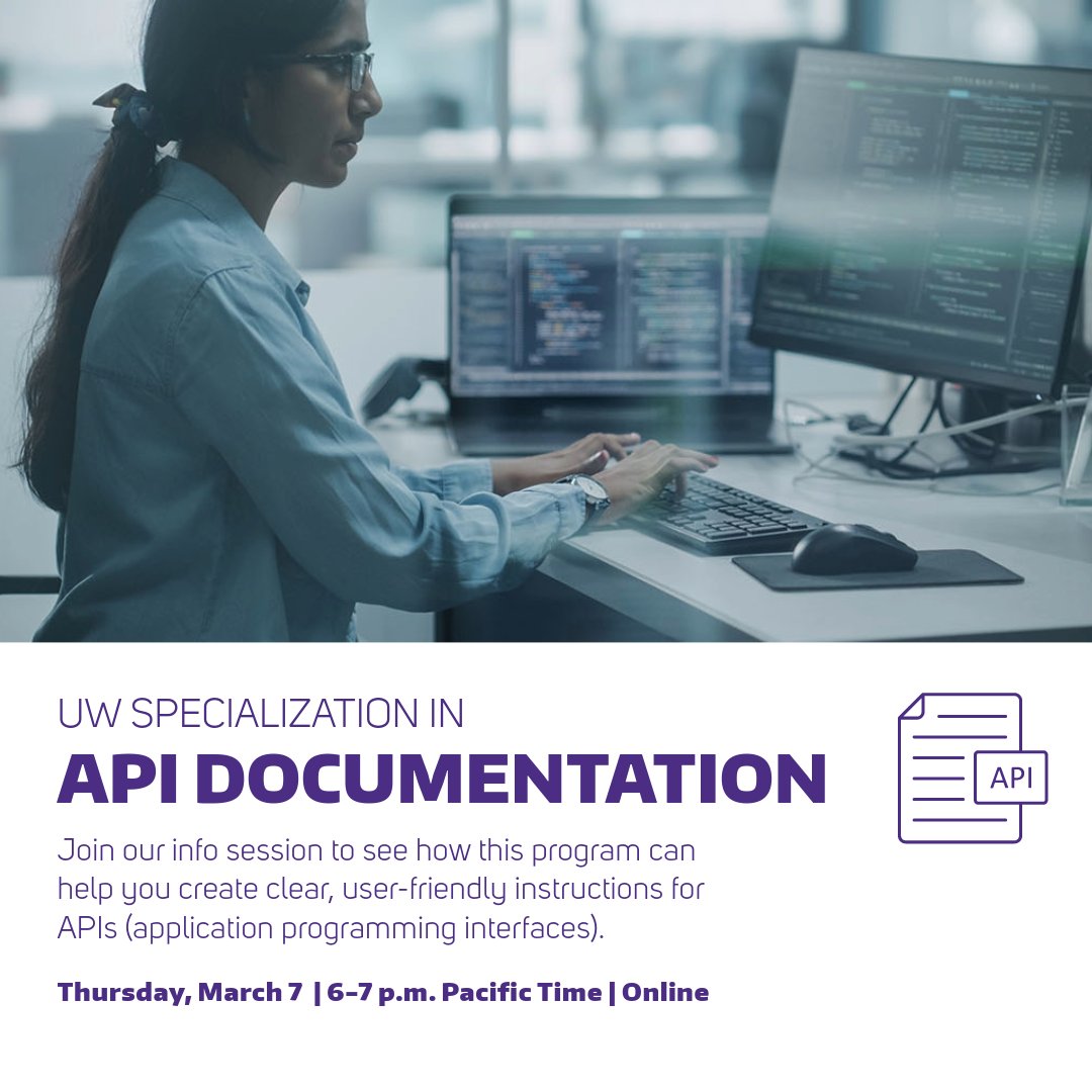 UWContinuingEd's tweet image. Join our info session to see how the UW Specialization in API Documentation can help you create clear, user-friendly instructions for APIs (application programming interfaces).
ms.spr.ly/6011cOuGP
#API #ApplicationProgrammingInterfaces #APIDesign