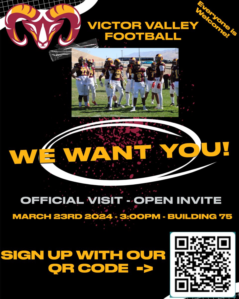 High Desert, I.E., AVC, Palm Desert, LV and ANYONE ELSE! We have had a few visits this off-season, but SIGN UP for our FIRST OPEN INVITE OFFICIAL VISIT OF 2024! #RamFam @VVCfootball @VVC_RAMS