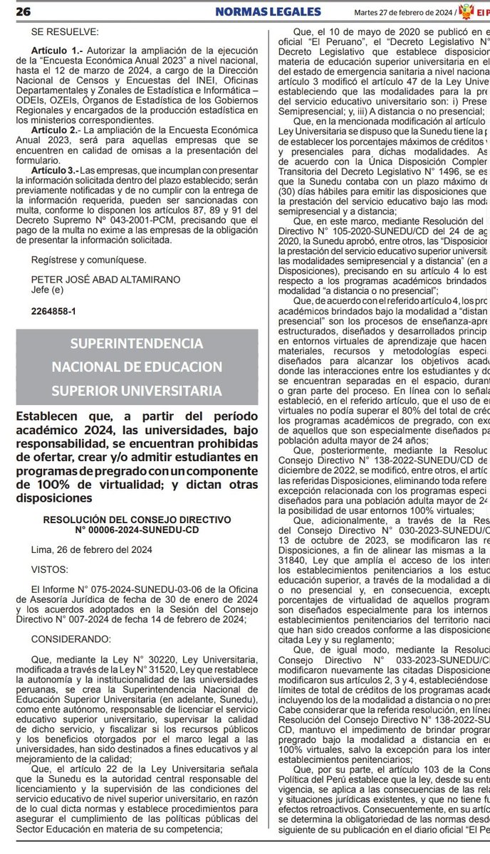 cesarcombina's tweet photo. Lamentable decisión de @SuneduPeru afecta a miles de estudiantes que usaban la modalidad virtual para sus estudios. SUNEDU rechaza el avance tecnológico, retira oportunidades a jovenes y niega el avance educativo. https://t.co/2S3fpLnCyi