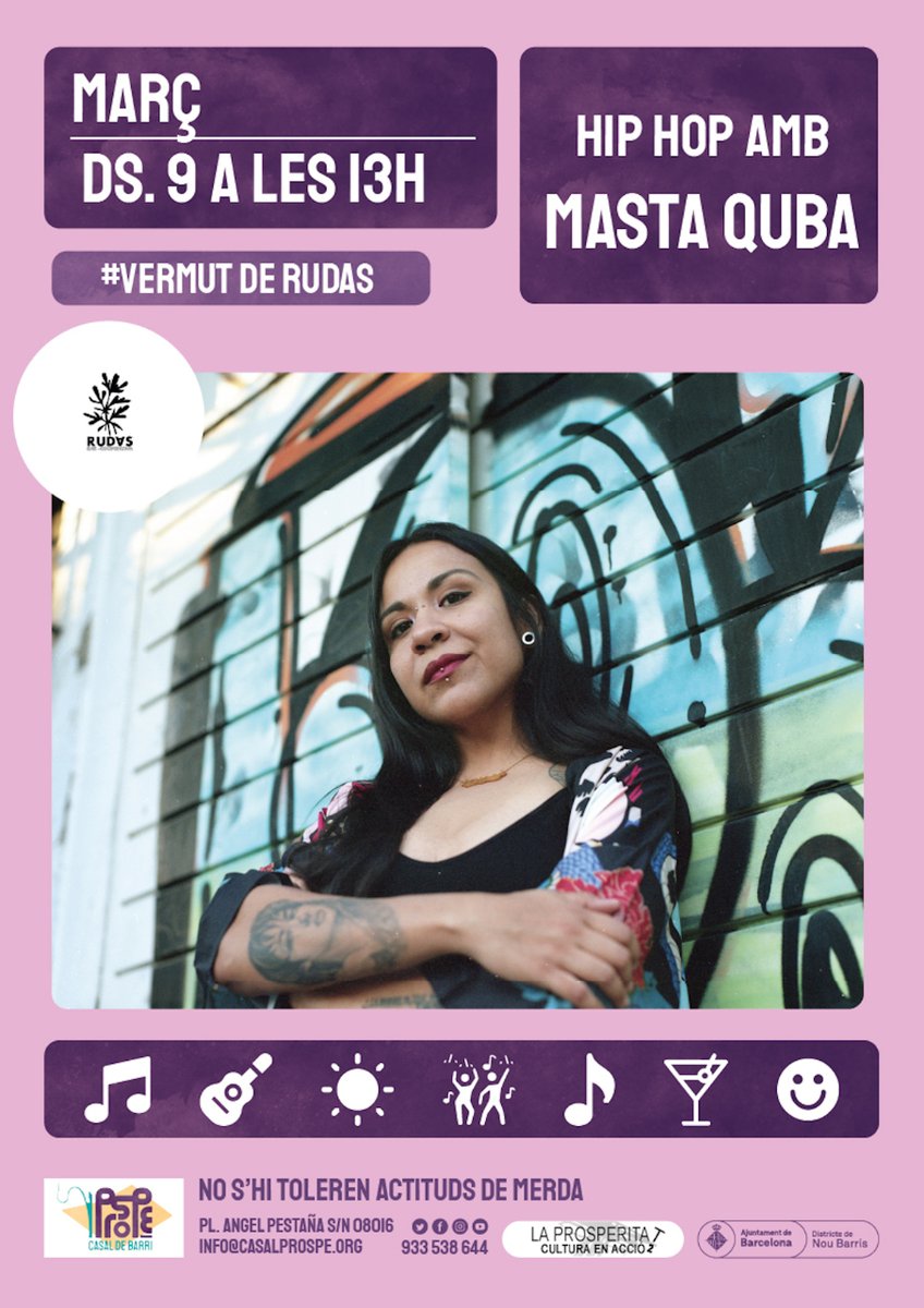 CasalBProspe's tweet photo. 🎙️ #Vermutsical: @MastaQuba
🗓️ Dissabte 9 de març, a les 13 h
ℹ️ L'artista i activista mexicana Masta Quba passarà pel Casal amb el seu rap feminista i de lletres conscients. No us ho perdeu!
🌱 Organitza: Rudas Coop.
#Concert #HipHop #Prosperitat #NouBarris https://t.co/0vXvO0vBMs