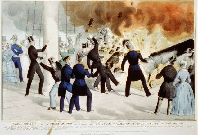Rewind Tuesday: February 28, 1844 - During a demonstration of naval fire power, one of the guns aboard the USS Princeton exploded, killing several top U.S. government officials on the steamer ship, and narrowly missed killing President John Tyler.