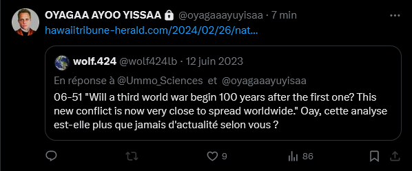 Intervention N°197 d' @oyagaaayuyisaa en réponse à @wolf424lb qui demande si l'analyse du O6-51 -du 16/08/2014- est toujours d'actualité, concernant l'imminence d'une troisième guerre mondiale. En réponse, un article sur la présence de la CIA en Ukraine : hawaiitribune-herald.com/2024/02/26/nat…