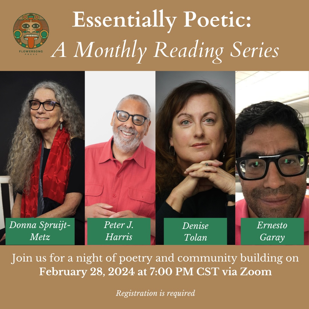I still wake up in the middle of the night days before a reading and worry about the set I am still choosing. But I get to read with Peter J Harris, Denise Tolan, and Ernesto Garay for @FlowerSongPress! Please come! Tomorrow, 2/28, at 7:00 CST. Register: shorturl.at/dGNPY