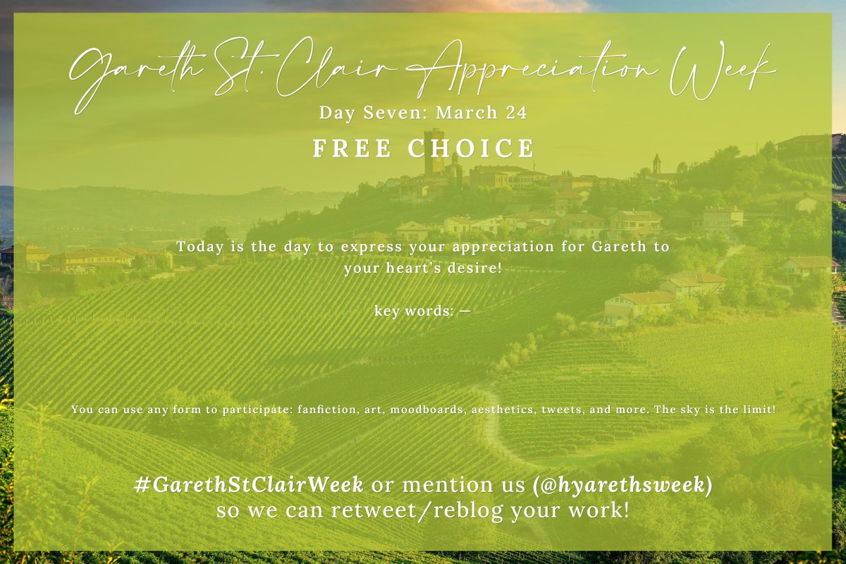 hyarethsweek's tweet photo. and here are the themes for the last three days of #garethstclairweek: honor and grace, fortune, and free choice. there's just under three weeks until Gareth's week begins, and we cannot wait to see what you have in store for our favorite baron. #bridgerton #garethstclair https://t.co/IPrkpz1GkH