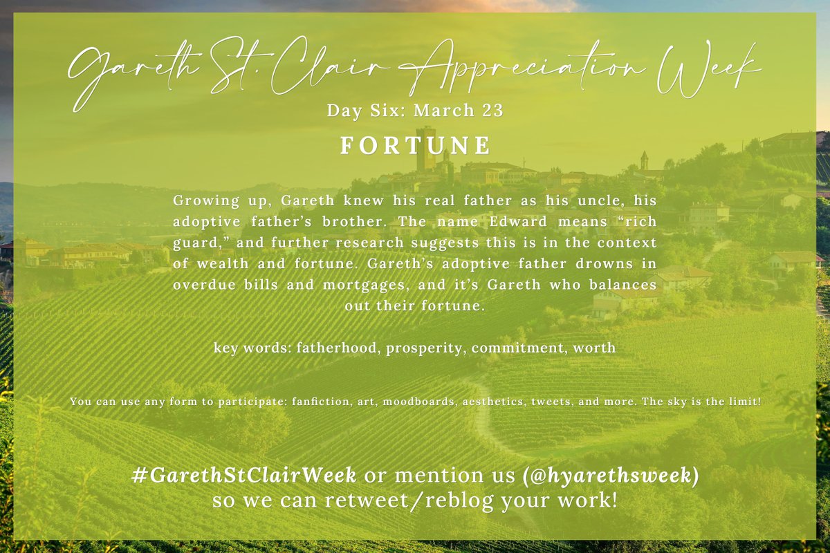 hyarethsweek's tweet photo. and here are the themes for the last three days of #garethstclairweek: honor and grace, fortune, and free choice. there's just under three weeks until Gareth's week begins, and we cannot wait to see what you have in store for our favorite baron. #bridgerton #garethstclair https://t.co/IPrkpz1GkH