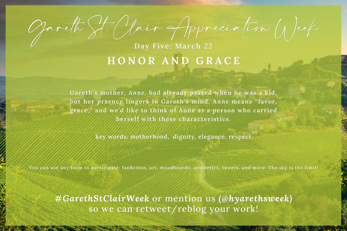 hyarethsweek's tweet photo. and here are the themes for the last three days of #garethstclairweek: honor and grace, fortune, and free choice. there's just under three weeks until Gareth's week begins, and we cannot wait to see what you have in store for our favorite baron. #bridgerton #garethstclair https://t.co/IPrkpz1GkH