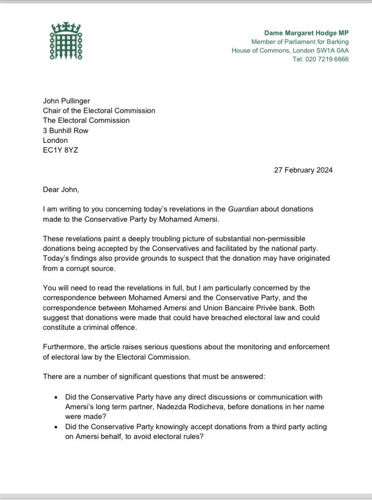 EXCL: Veteran Labour MP Margaret Hodge has written to the Met Police and Electoral Commission calling for them to investigate whether the Conservative Party broke electoral law in taking £200,000 from the partner of a prominent donor. More on @BBCNewsnight at 1030pm.