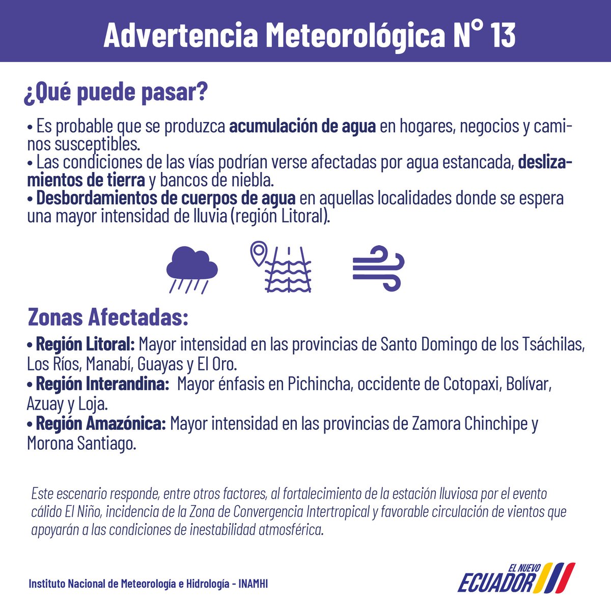 inamhi_ec's tweet photo. #AdvertenciaMeteorológica 13 | Entre el 28 de febrero y 3 de marzo continuará la presencia de lluvias de moderada y fuerte intensidad con tormentas y ráfagas de viento en gran parte del Litoral, Callejón Interandino y Amazonía 🌦️⛈️. 

Más información 👇 https://t.co/0zQ8yiM6s3