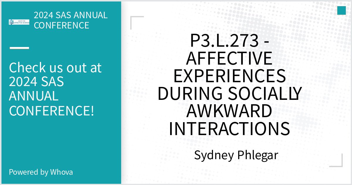 Looking forward to presenting at SAS this Sunday 3/1 3:15pm! I’ll be sharing findings from a pilot study on socially awkward encounters with @TessaWestNYU hope to see you there! #AffectScience2024