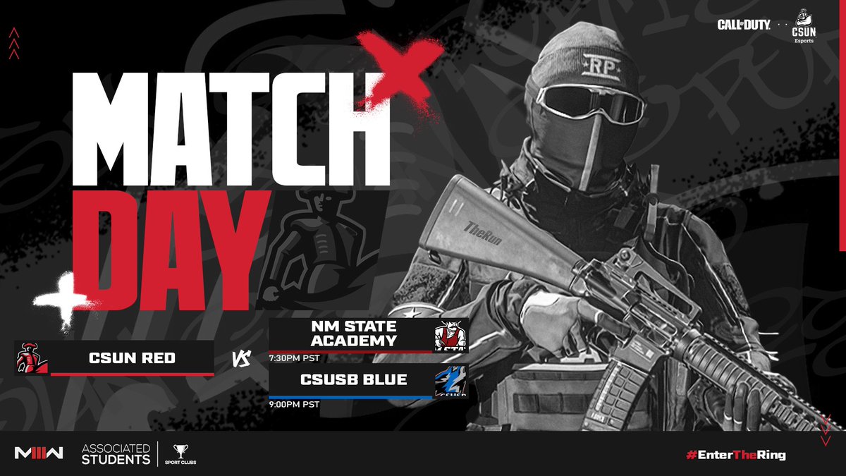 CSUNEsports's tweet photo. CSUN Red back at it with a double-hitter! 👊

2x of CoD, 2x the action! ✌️

Tonight @ 7:30 PM on Twitch! 🎥

See you there, gamers! 👇

🔸NM State Academy: 7:30 PM PST
🔹CSUSB Blue: 9:00 PM PST

🔗: https://t.co/bmZhbzcMRU

#CSUNEsports | #EnterTheRing | #CSUNCOD https://t.co/WZG0S2nws6