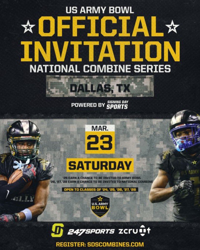#AGTG I am blessed to receive an Invite to the US Army National Combine!!!! @JosephTurner24 @coachcilumba @Coach_Bowser @SteerFootball15 @MicahKitchens1 @CoachFoster23