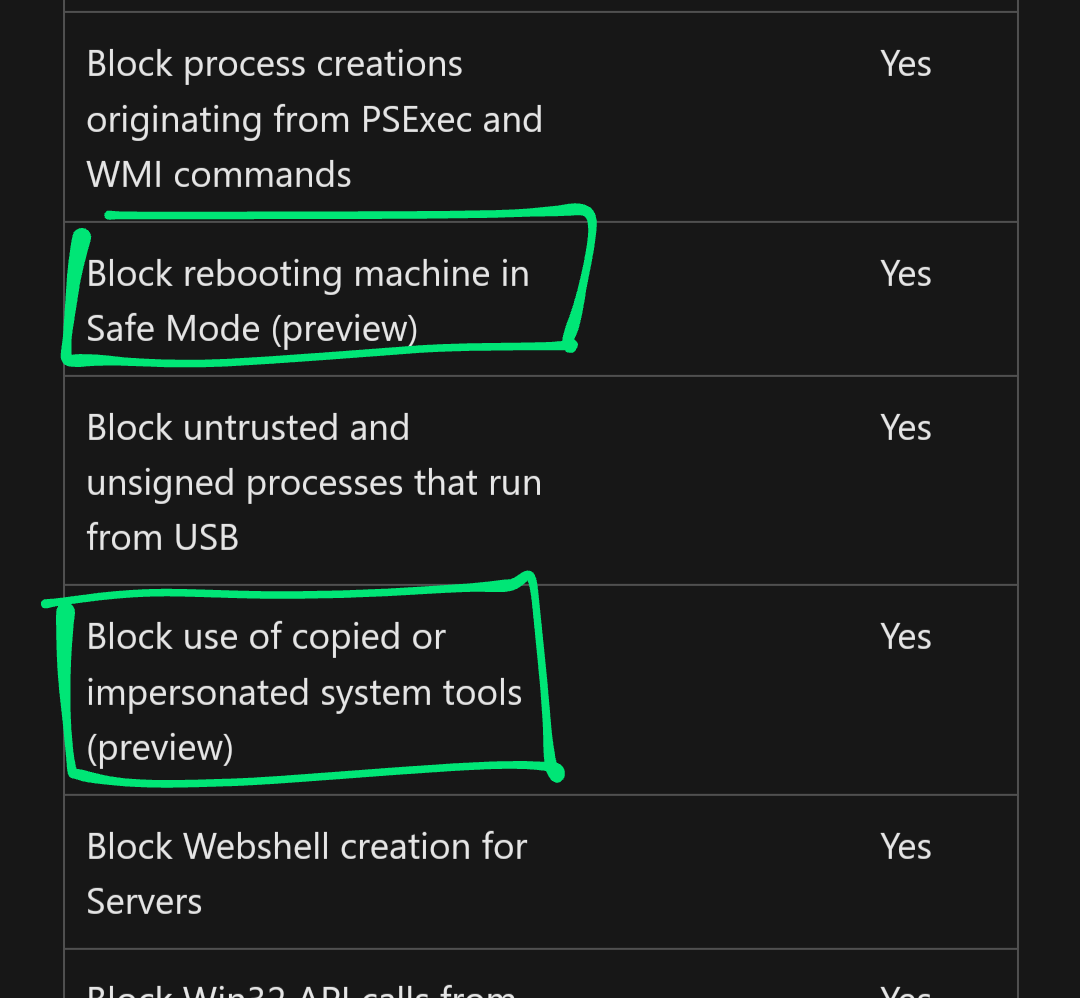 fabian_bader's tweet photo. Two new ASR rules just released in preview 

▫️Block rebooting machine in Safe Mode
▫️Block use of copied or impersonated system tools

The latter is especially interesting...

#MDE #ASR

https://t.co/cnZA70qOWt https://t.co/M7pBKT7V5t