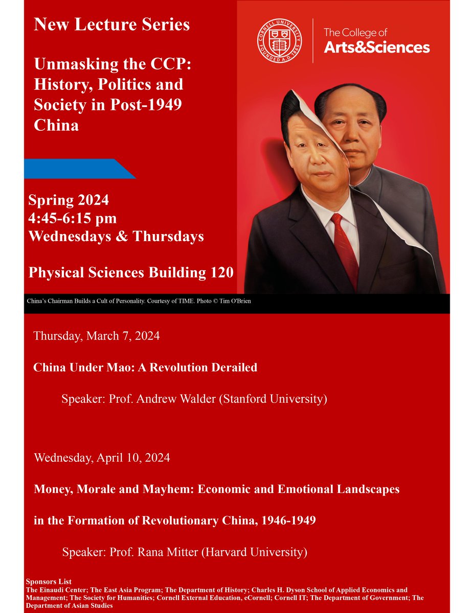 The lecture series 'Unmaking the CCP: History, Politics, and Society in Post-1949 China' continues on March 7th with @Stanford Prof Andrew G. Walder. Read more about the series here: as.cornell.edu/news/speaker-s…