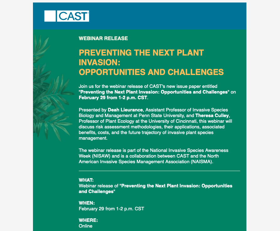 CAST webinar coming up for #NISAW2024 on Feb. 29!

cast-science.org/webinar-releas…

#WSWS #NAISMA #NISAW #weedscience #noxiousweeds #invasiveplants