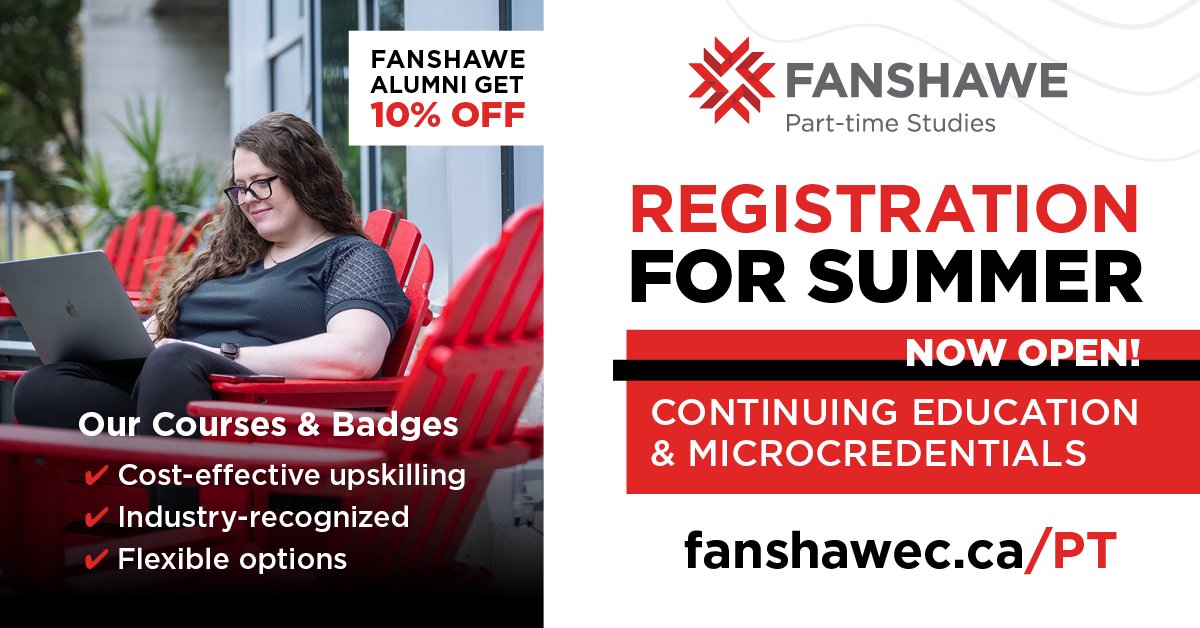 Whether you'd like to upgrade your skills for employment or want to learn something new for fun, Fanshawe has something for everyone! Registration for summer 2024 courses and badges is now open! Start exploring at fanshawec.ca/pt