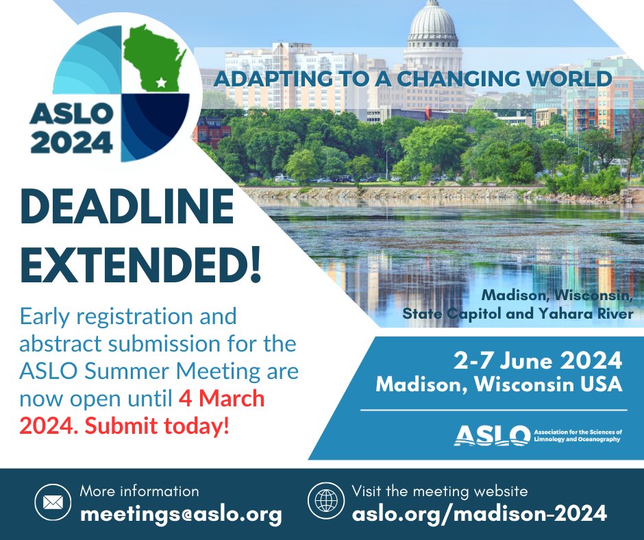 Abstract submission & early registration deadline for #ASLO24 extended to 4 March 2024, 23:59 (US Central Time). Don't miss out! Secure your spot & join us for a wave of scientific discovery: aslo.org/madison-2024/