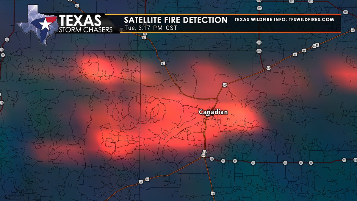 Pray for Canadian, Texas, and those who couldn't get out of town in time. (This doesn't necessarily mean the town is on fire - resolution isn't high enough for that - but it sure isn't good.) #smokehousecreekfire #phwx #txfire