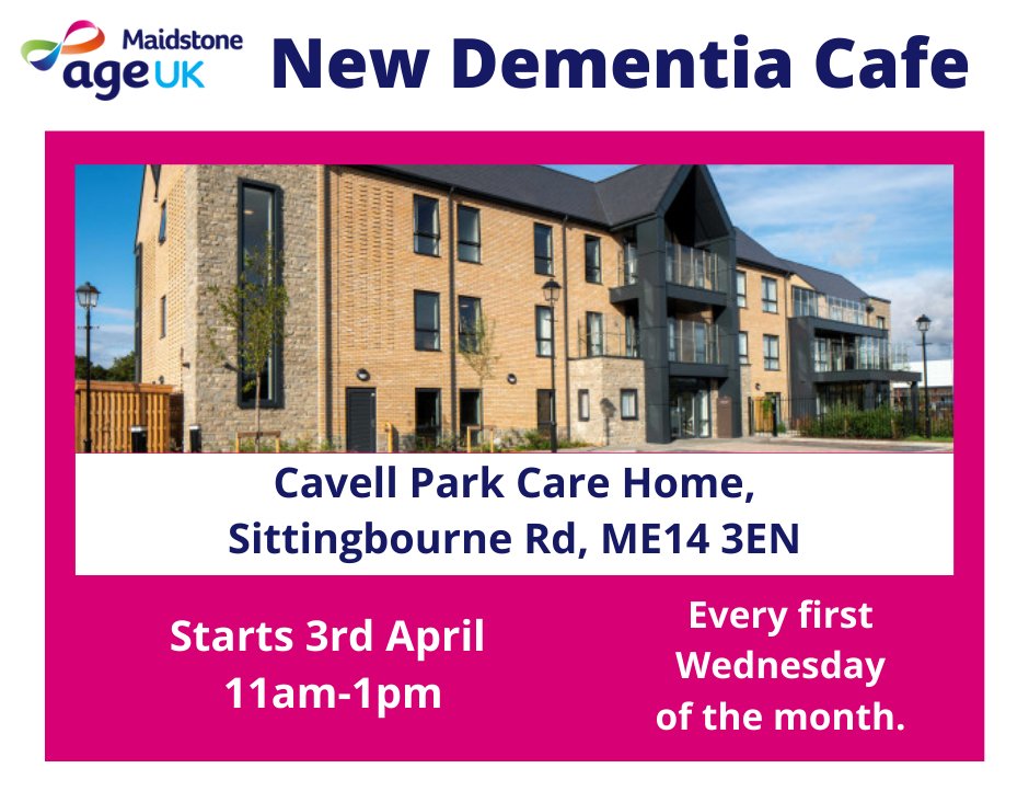 ageukmst's tweet image. New Dementia Cafe starting Wednesday 3rd April!

Join us on the first Wednesday of each month from from 11am-1pm at Cavell Park Care Home, Sittingbourne Road, ME14 3EN. Cavell Park Care Home, Maidstone