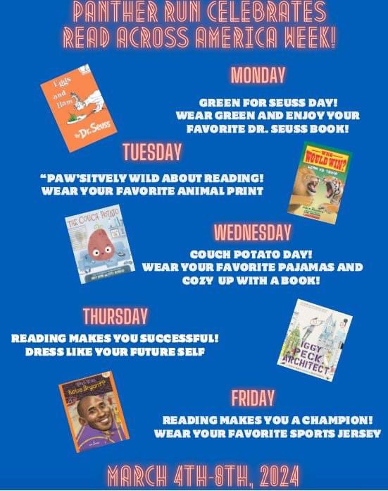 Panther Run will be celebrating Read Across America week next week! Check out all the fun theme days planned for Monday 3/4 - Friday 3/8! @PrincipalPREPBC