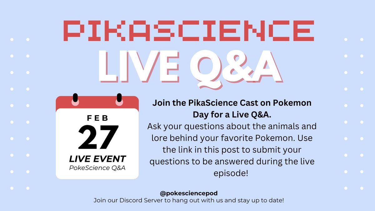 PikaScience (@pokesciencepod) on Twitter photo Tonight at 10pm EST you can join <a href="/BugsOrBust/">Jillian Suh-Kurovski</a>, <a href="/_BENERGY_/">Ben⏭️Anaheim Worlds</a>, <a href="/AhdurinRegion/">Ahdurin</a>, and Maddison on our YouTube answering fan submitted questions to celebrate #PokemonDay #PokemonPresents #PokemonDay2024 #Pokemon
youtube.com/@pokesciencepod
#PokemonLegendsZA #PokemonGO Tonight at 10pm EST you can join <a href="/BugsOrBust/">Jillian Suh-Kurovski</a>, <a href="/_BENERGY_/">Ben⏭️Anaheim Worlds</a>, <a href="/AhdurinRegion/">Ahdurin</a>, and Maddison on our YouTube answering fan submitted questions to celebrate #PokemonDay #PokemonPresents #PokemonDay2024 #Pokemon
youtube.com/@pokesciencepod
#PokemonLegendsZA #PokemonGO