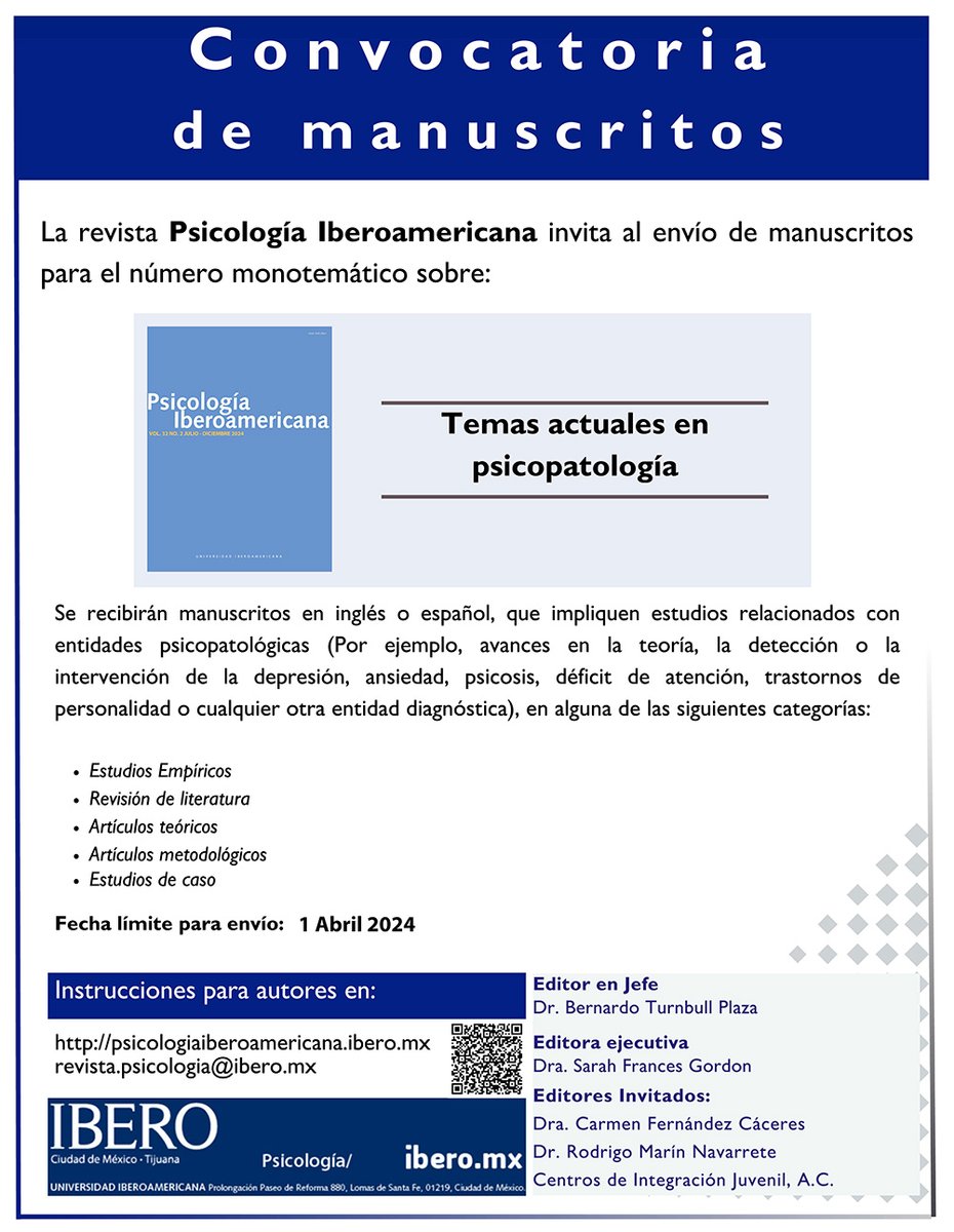 ¡Atención investigadores y académicos! 📢Estamos buscando contribuciones originales para una edición especial sobre los temas de psicopatología. 🧠Envía tu trabajo antes del 1 de abril. ¡No pierdas esta oportunidad de compartir tu investigación! #Psicopatología #CallForPapers