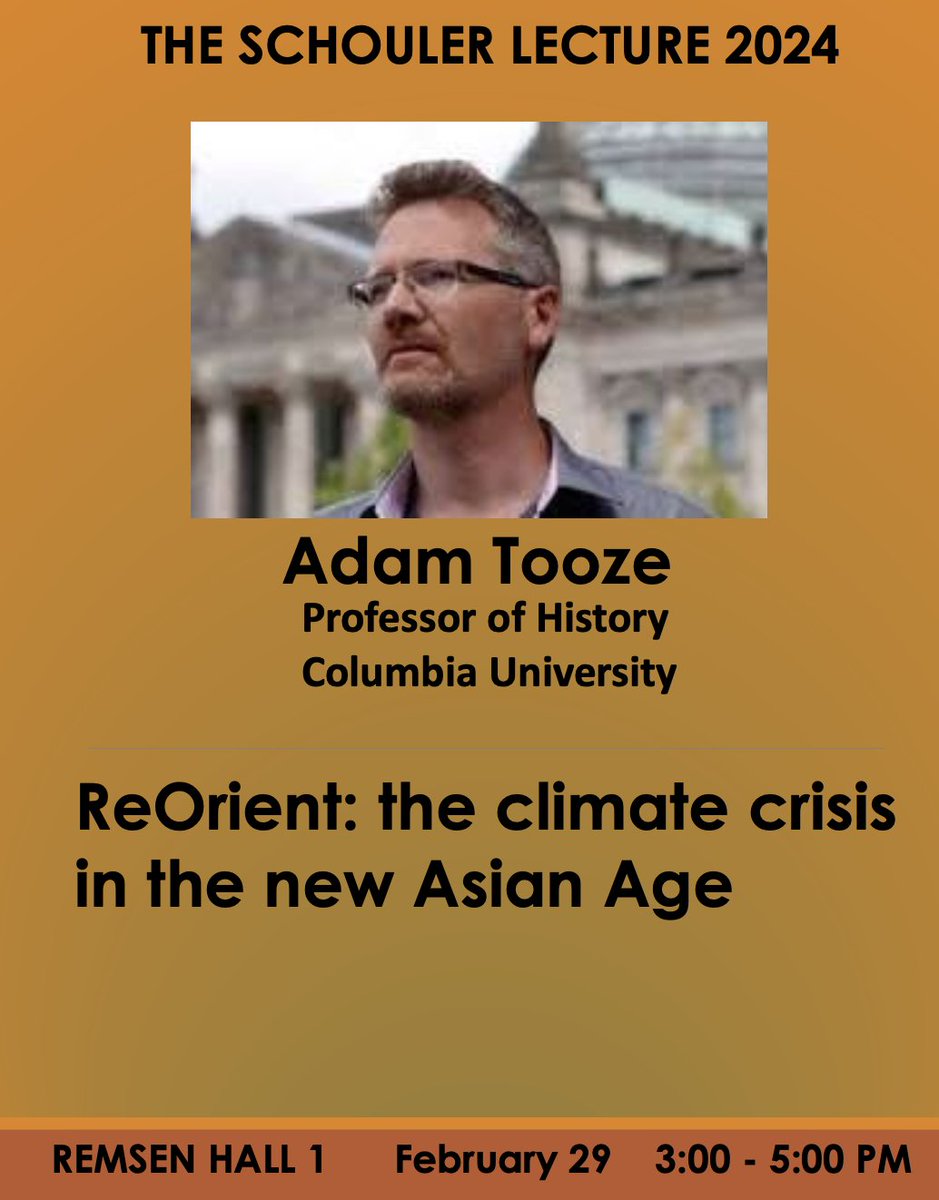 We @JohnsHopkins are excited to welcome @adam_tooze to Baltimore to give the 2024 Schouler lecture on Thursday Tooze’s lecture will look at the Climate crisis in the new Asian Age Join us in person or online.