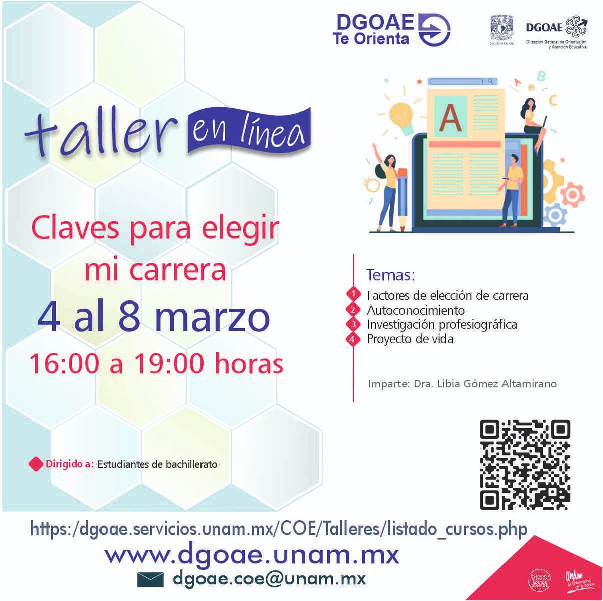 enp_unam's tweet photo. El Centro de Orientación y Atención Educativa te invita a los siguientes talleres a partir del 04 de marzo.
#DGOAE #TeOrienta https://t.co/l51YmiowZr