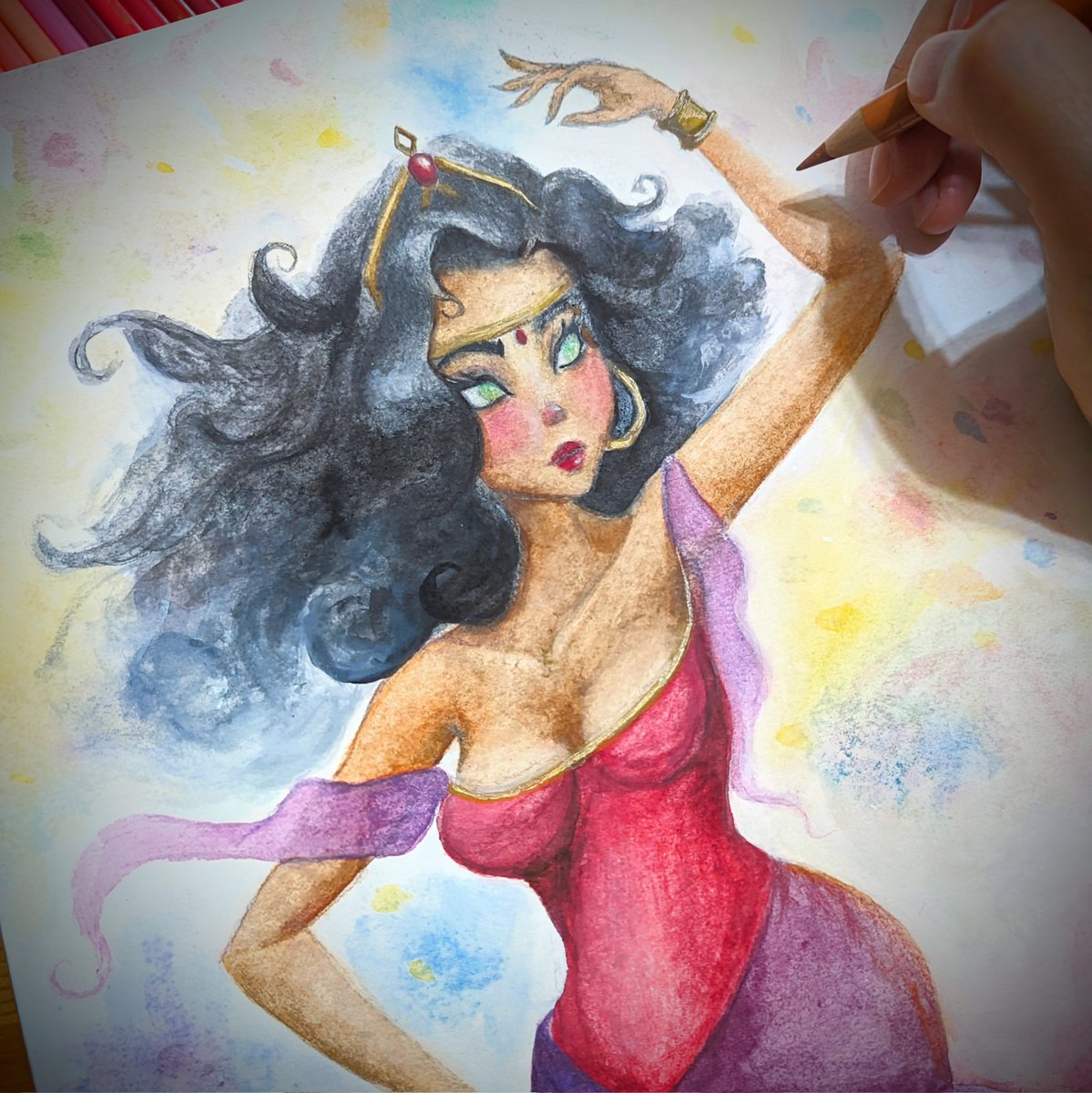 Finishing up a watercolor/color pencil commission before heading off to Emerald City Comic Con! #esmeralda #hunchbackofnotredame #gyspy #disney