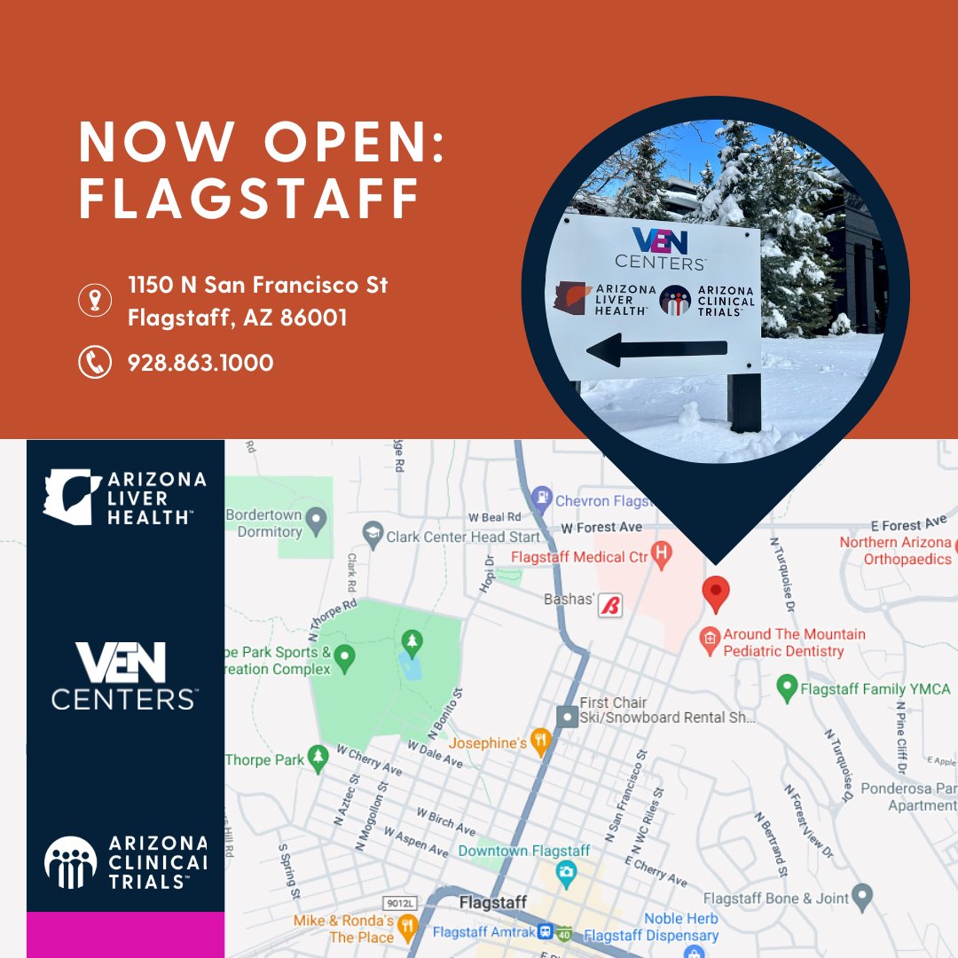 Exciting news! Our newest Flagstaff office is officially open for business! Now, under one roof, you'll find the dedicated teams of Arizona Liver Health, Arizona Clinical Trials, and VEN Centers. We can't wait to welcome you to our new space! #ALH #ACT #VEN #Flagstaff