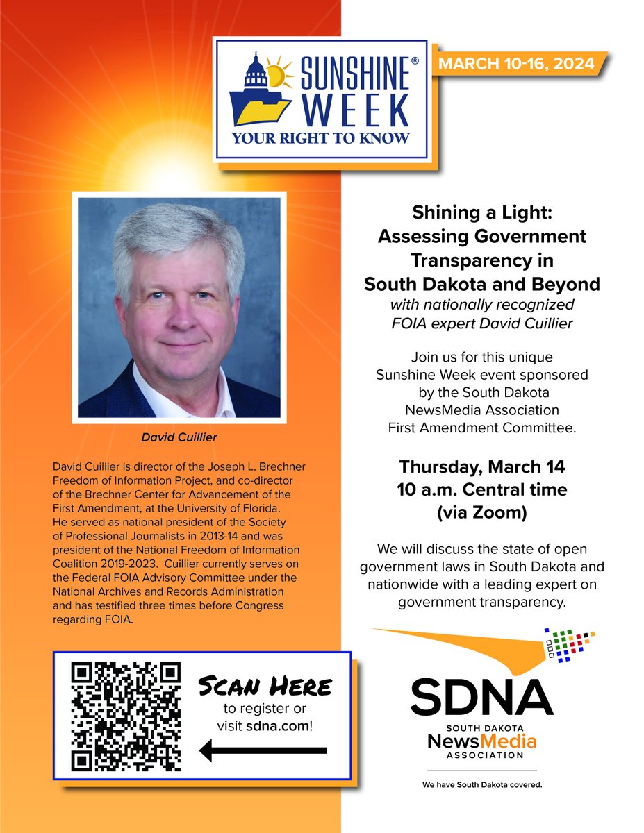 SD_NewsMedia's tweet photo. Join us Thursday, March 14, for a Sunshine Week conversation about the state of open government laws today in South Dakota and across America with nationally recognized FOIA expert @DavidCuillier. 

Pre-register at https://t.co/MVpAzaxfjn

#SunshineWeek #FOIA #Right2Know https://t.co/iqgxxJrdCG