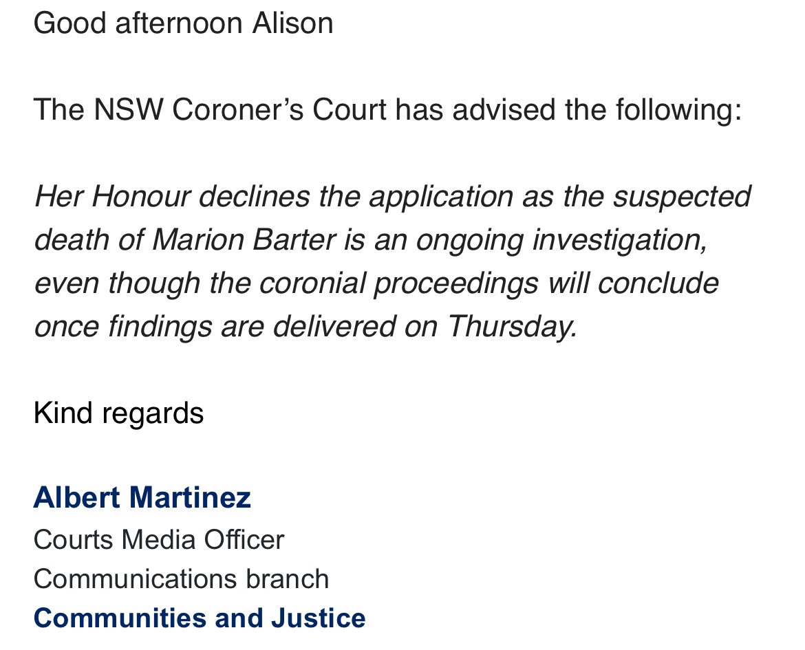 One day to go! Meanwhile, we still won’t be able to report the full Brief of Evidence. On a good note, Sally and Chris and I are on the same flight to Sydney today so we will all be there in plenty of time. I will post a livestream link early tomorrow #JusticeforMarion