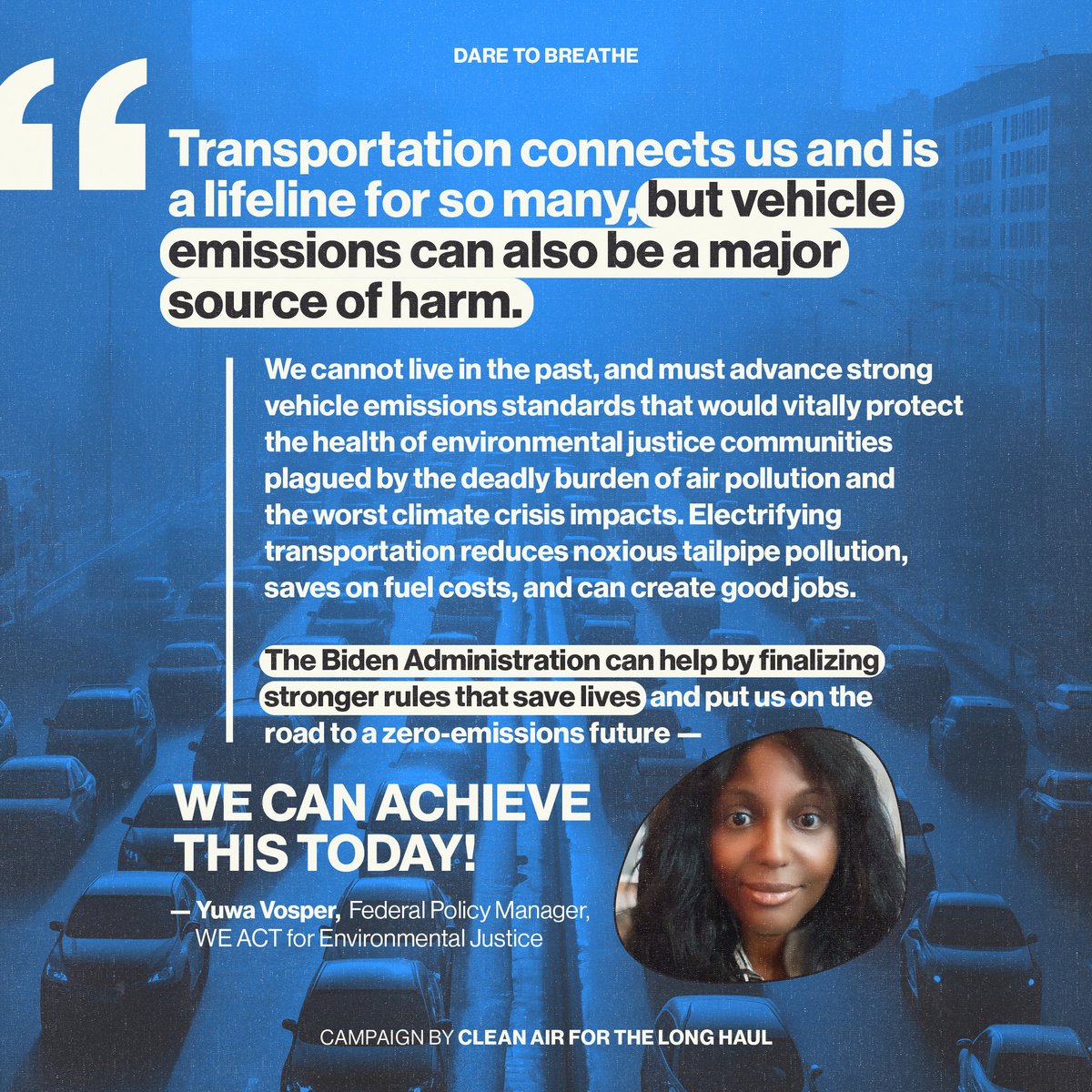 Transportation connects us, but vehicle emissions harm us, stealing our futures. Fighting for strong rules to save lives and protect communities, especially in Black, Brown, and low-income areas choked by pollution. It’s time to deliver on life-saving standards.
#DareToBreathe