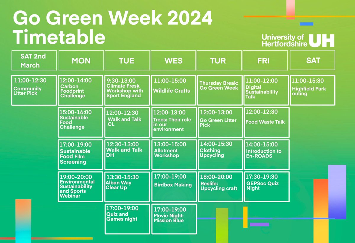 Lots of events to check out this #GoGreenWeek2024 🌍 Use this link for further event details and registration bit.ly/4aZlrKg 🙌
#GoGreenGoHerts! 💚
@UniofHerts