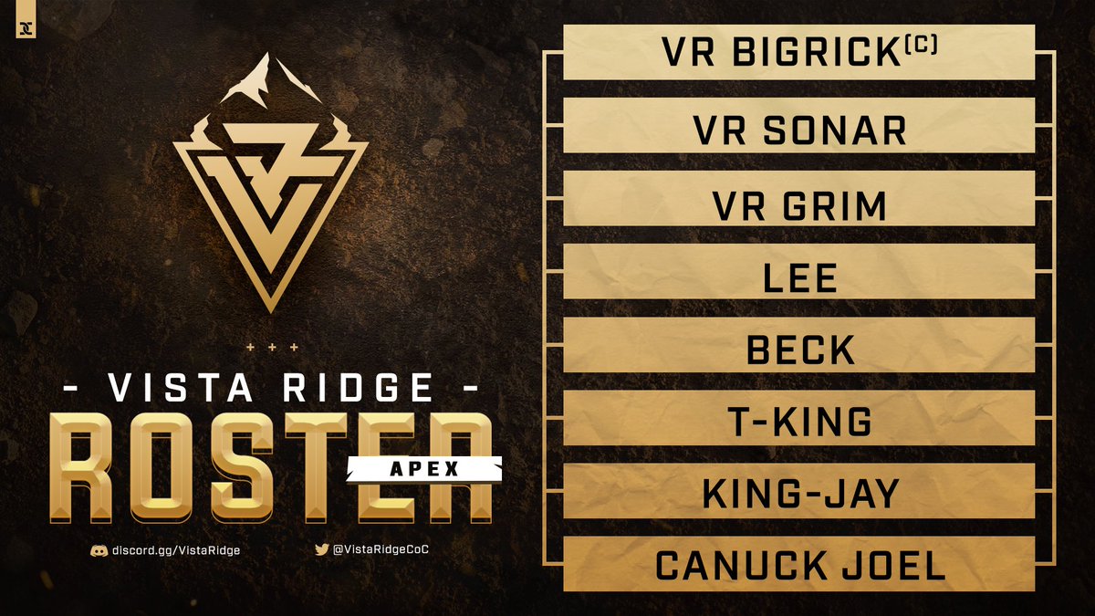 Vista Ridge Apex Roster
We are very excited to welcome <a href="/IamBeck29/">Beck29</a> &amp; @LeeCoc_ to our Apex team!

▪️<a href="/BigRick_CoC/">Ricky Knoblock</a>
▪️<a href="/Lv99Sonar20382/">Lv99 SONAR</a>
▪️<a href="/phlegmvtic_/">Grimmatic</a>
▪️@LeeCoc_
▪️<a href="/IamBeck29/">Beck29</a>
▪️<a href="/T_king_28/">T king</a>
▪️@VR_KingJay
▪️<a href="/JoelBelanger18/">Joël Bélanger</a>

#ClashEsports | #ClashofClans 
#VistaRidge | #TogetherAtTheTop