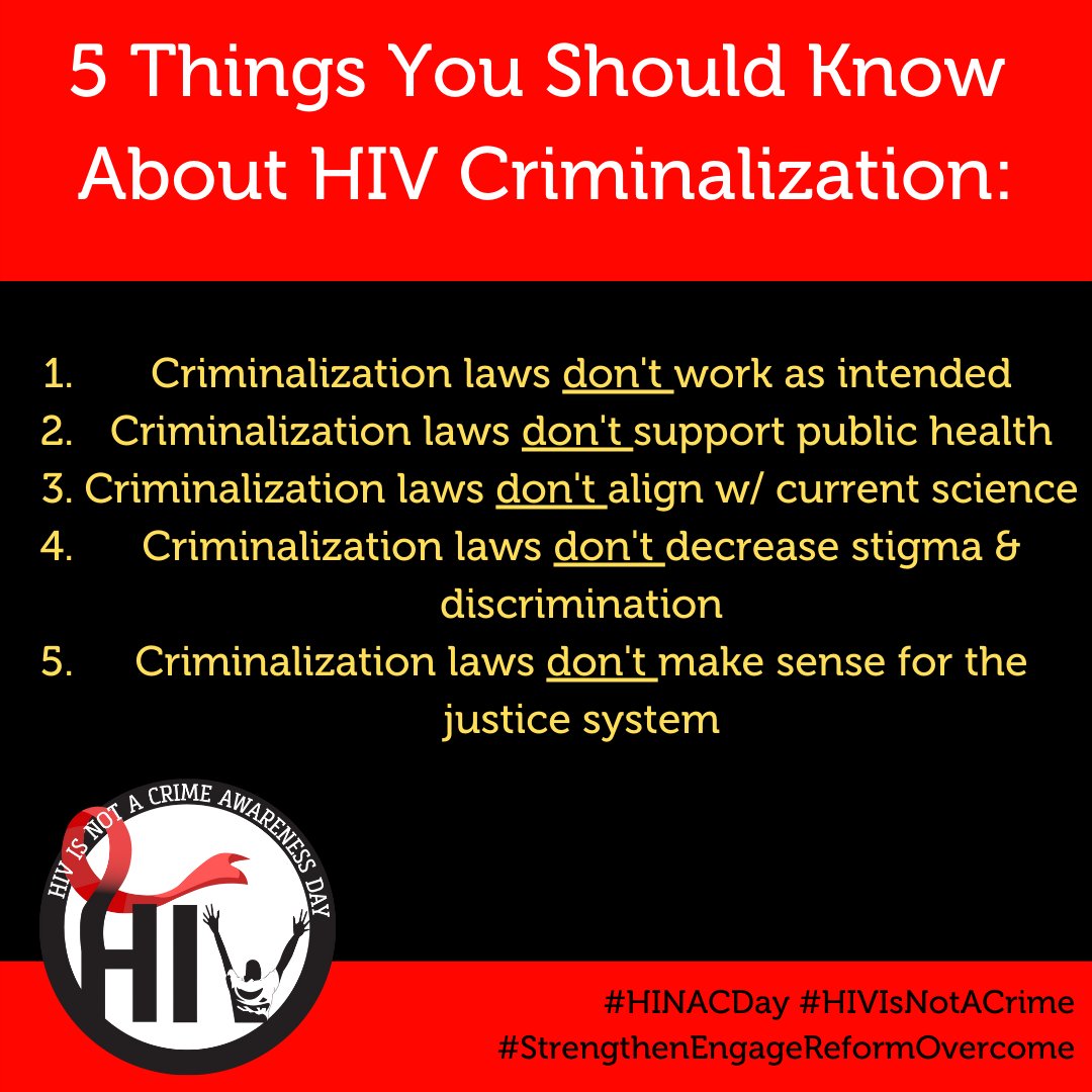 End HIV Criminalization laws! These laws
undermine public health efforts by deterring
people from HIV testing/treatment, stigmatizing
those w/HIV, & communities most impacted—
incl POC, women, LGBTQ ppl, sex workers &
the formerly incarcerated. 
#HIVIsNotACrime @TheSeroProject