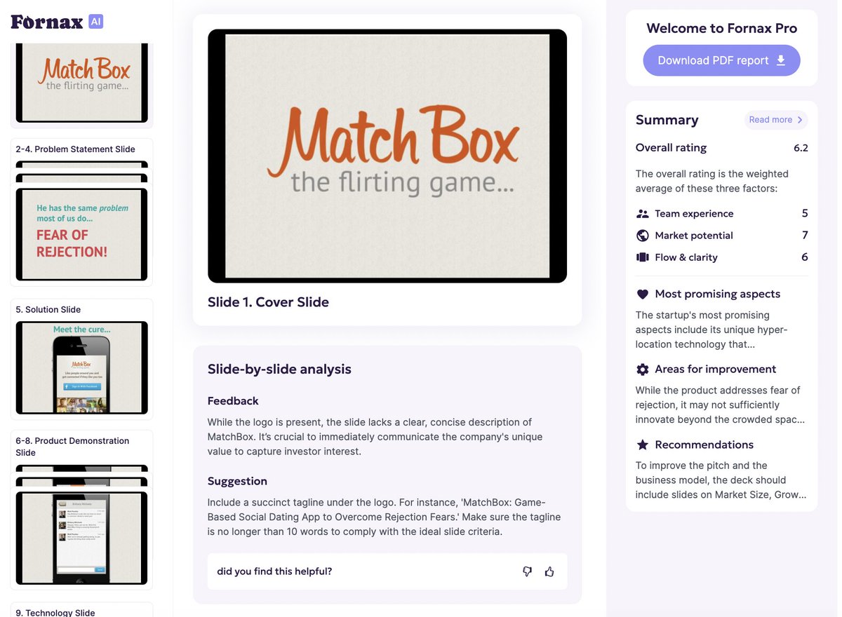 deepinyap's tweet image. @Tinder&apos;s (originally Match Box) pitch deck scored 6.2 / 10 on Fornax. 

Here is why 🧵1/7