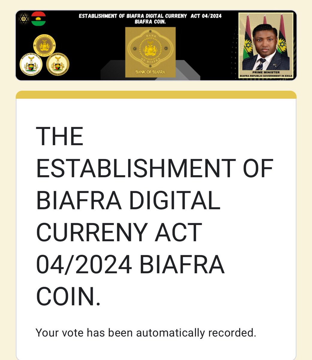 BREAKING 
The Government has voted and approved the Establishment of the Biafra Digital Currency Act 04/2024 otherwise known as Biafra Coin