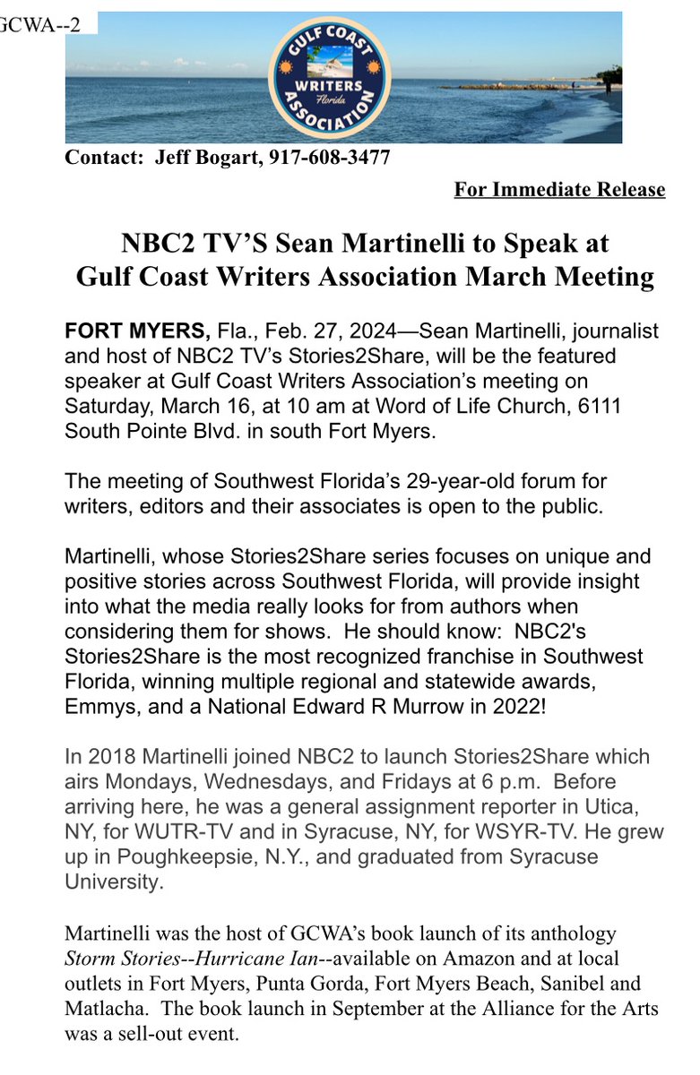 GCWA_SWFL's tweet image. NBC2 TV’S Sean Martinelli to Speak at Gulf Coast Writers Association Meeting, March16, 2024